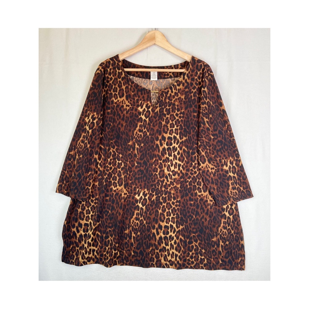 Iman Global Chic Leopard Print Keyhole Tunic Top Brown Black 2X Plus Office